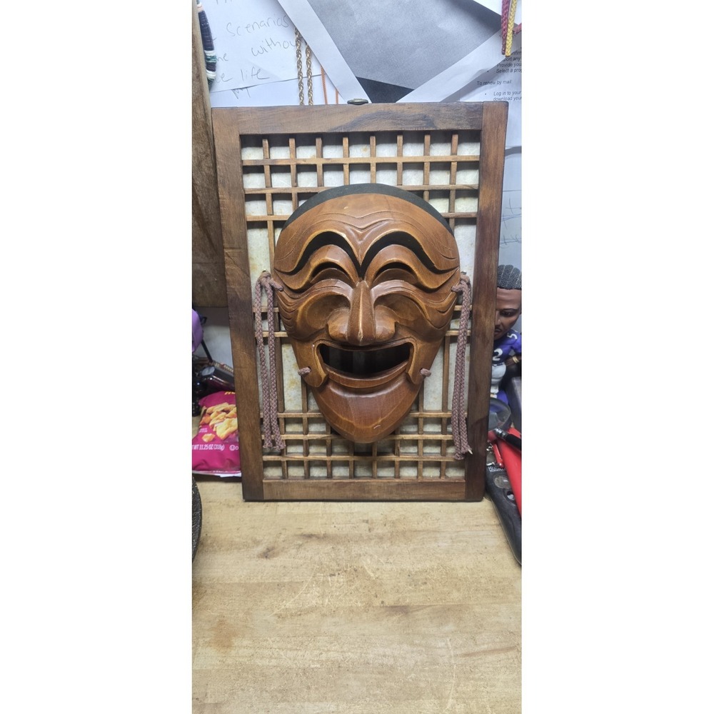 Korean Traditional Handmade Wooden Mask (Tal) in Hahoe Village N 121 with Frame